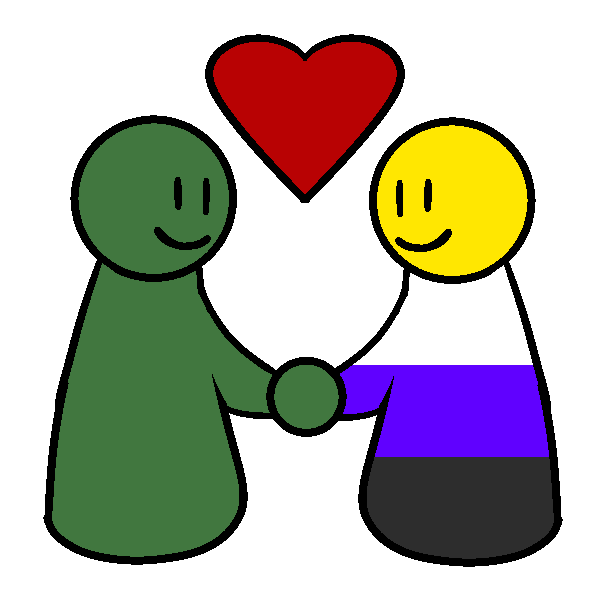 A green figure and a figure the colors of the nonbinary flag holding hands and smiling, with a heart between them.